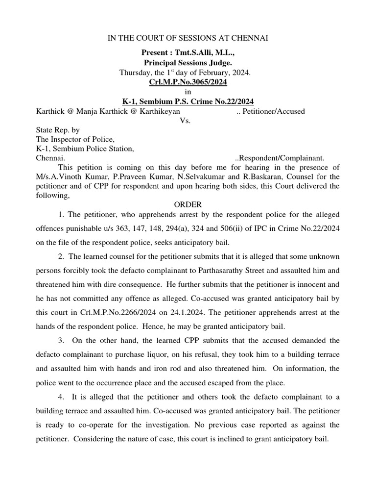 Anticipatory Bail Order in Chennai Case | PDF | Bail | Crime & Violence