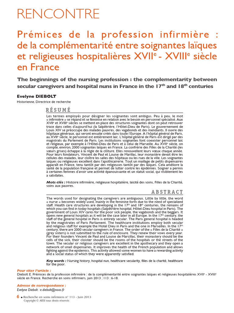 Prémices de La Profession Infirmière: de La Complémentarité Entre ...