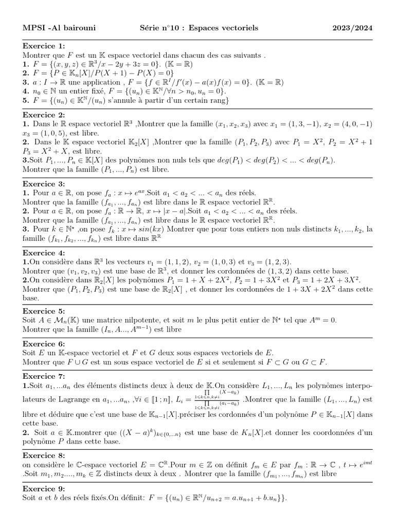 Espaces vectoriels : Exercices et démonstrations | PDF | Algèbre ...