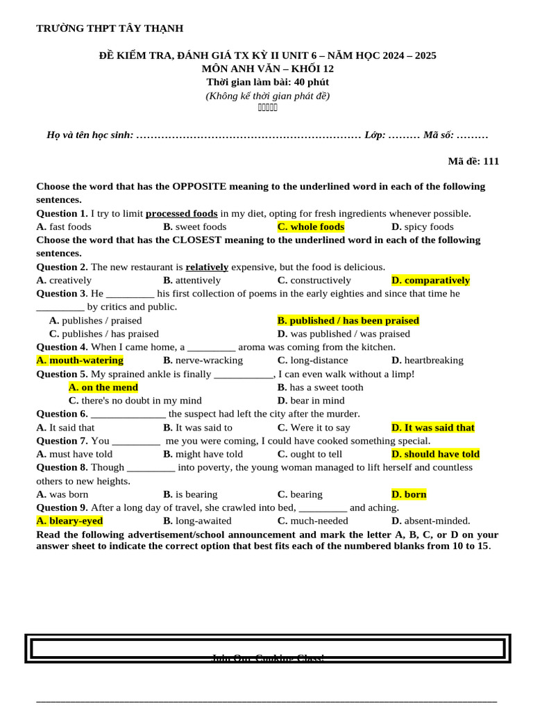 Key Unit 6 - Practice Test 111 | PDF | Learning | Cognition