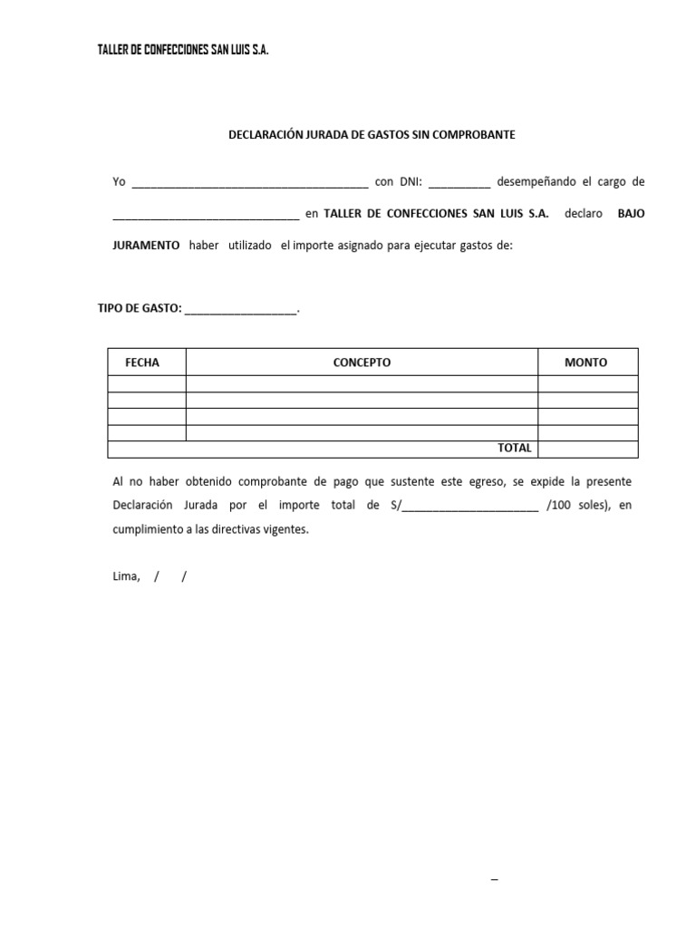 Declaración Jurada de Gastos Sin Comprobante | PDF