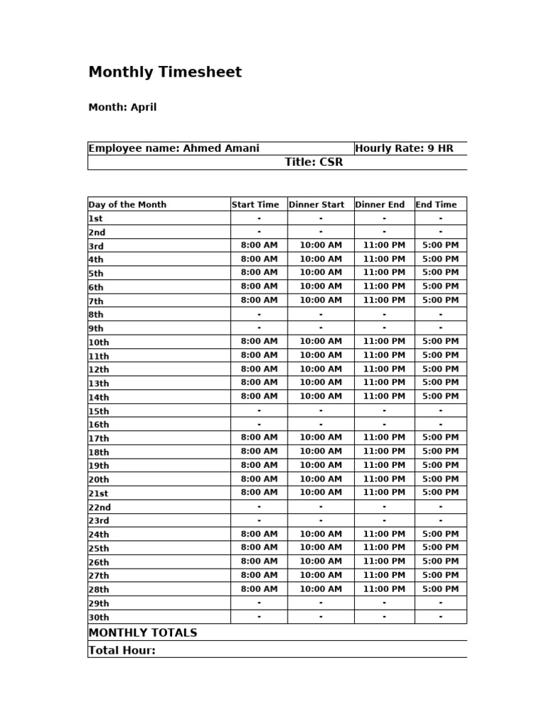 April Timesheet for Ahmed Amani | PDF | Military Operations