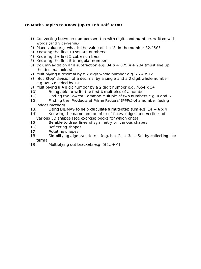 Y6 Maths Topics To Know by Feb Half Term | PDF