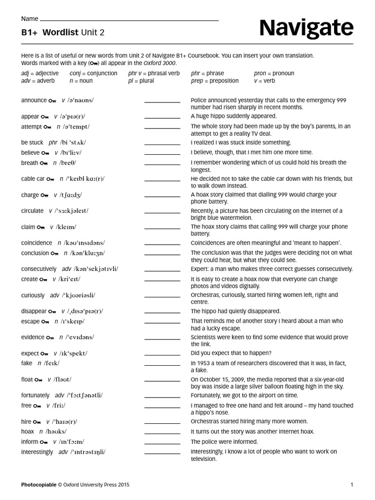 B1+ Unit 2 Vocabulary Wordlist | PDF | Verb | Syntax