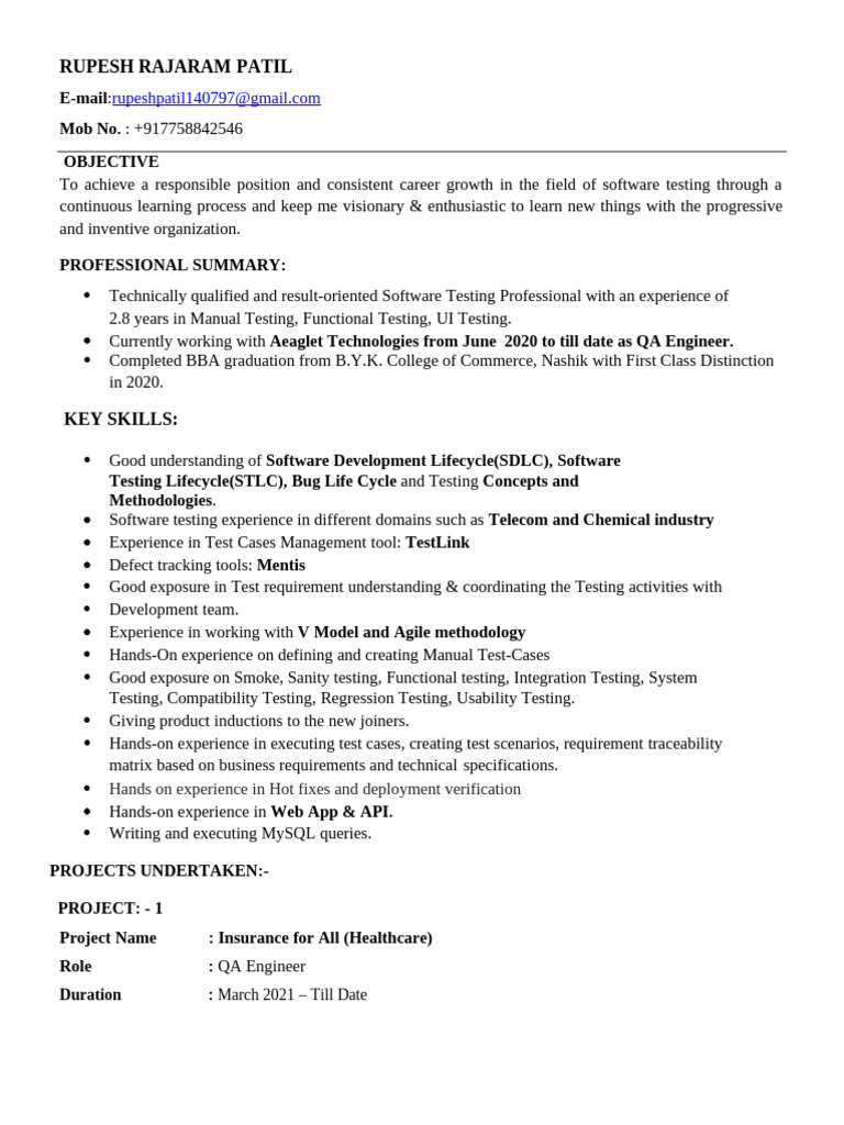QA Tester CV - Rupesh Patil | PDF | Software Testing | Software ...