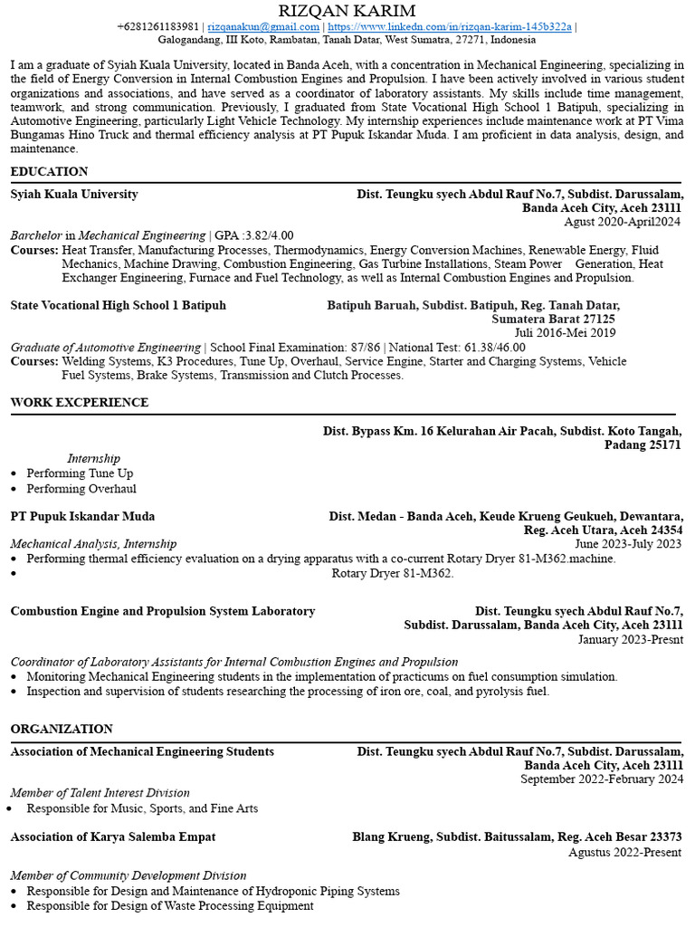 Mechanical Engineering Graduate Resume | PDF | Mechanical Engineering