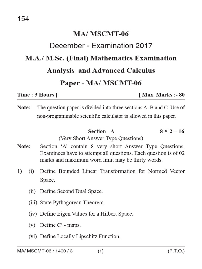 Advanced Calculus Exam Paper 2017 | PDF | Hilbert Space | Vector Space