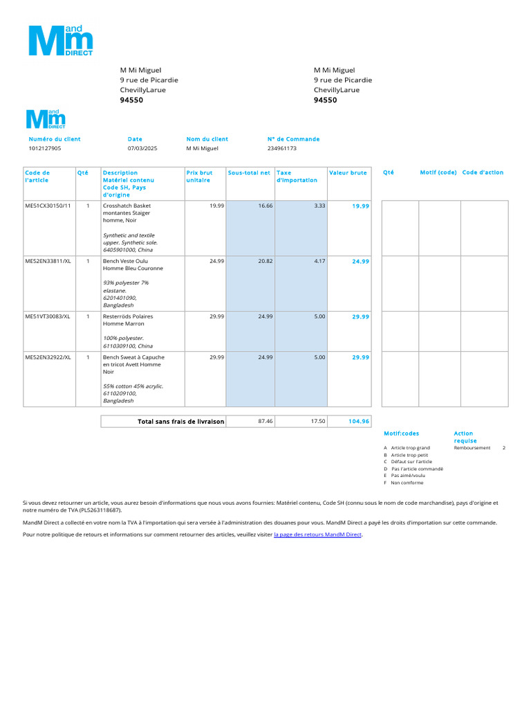 Retour d'articles MandM Direct | PDF | Les textiles