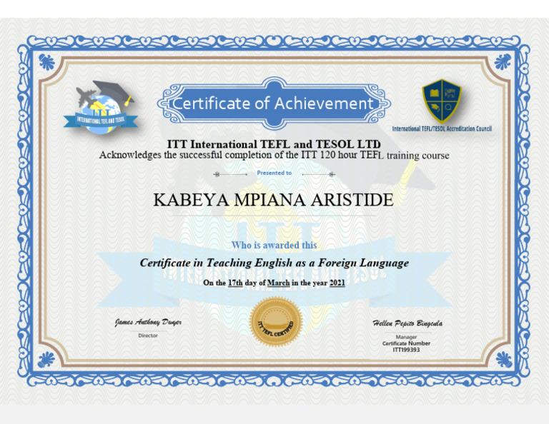 ITT TEFL Certificate Awarded to Kabeya Mpiana | PDF