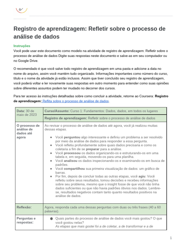 Registro de Aprendizagem Refletir Sobre o Processo de Análise de Dados ...