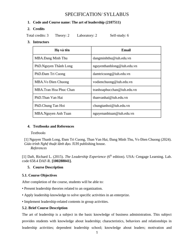 Art of Leadership Course Syllabus | PDF | Leadership | Learning