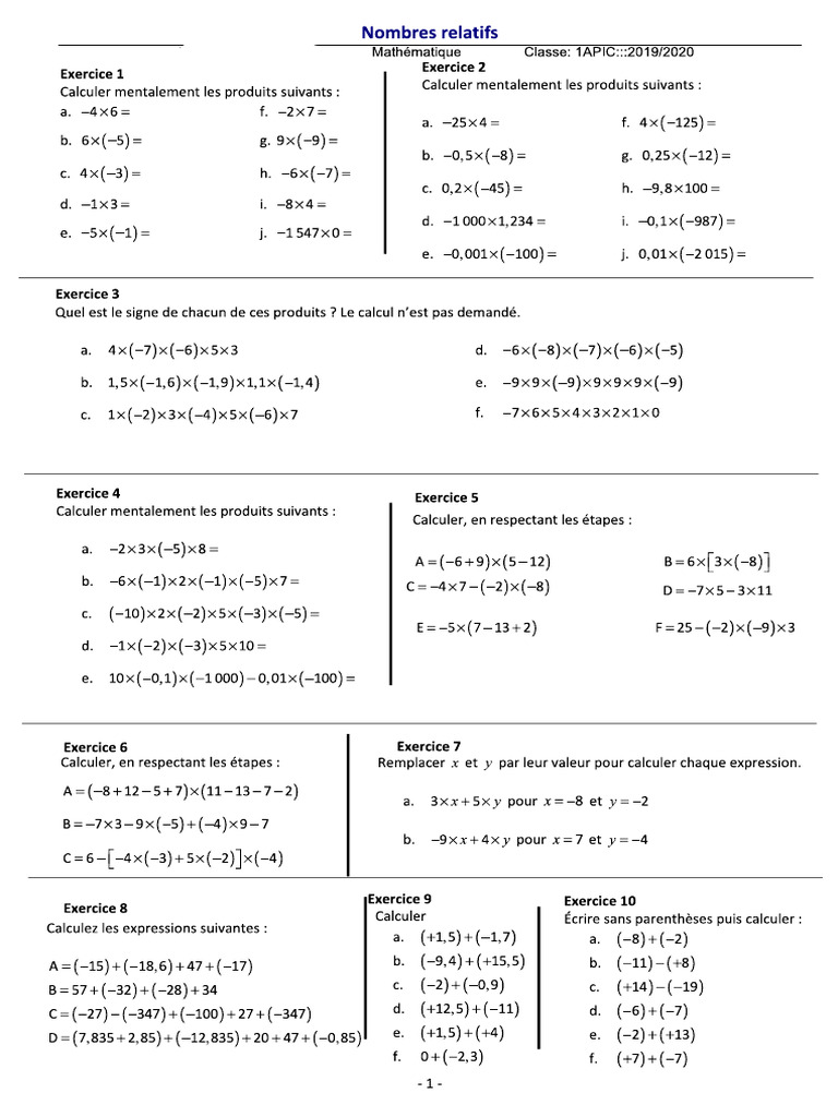 Nombres relatifs multiplication et division exercices non corriges 1 ma
