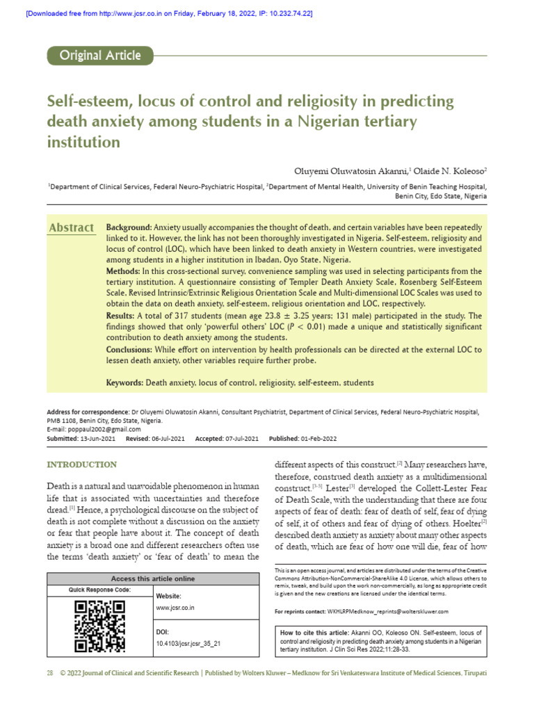2self Esteem, Locus of Control, Death Anxiety 2022 | PDF | Psychology ...