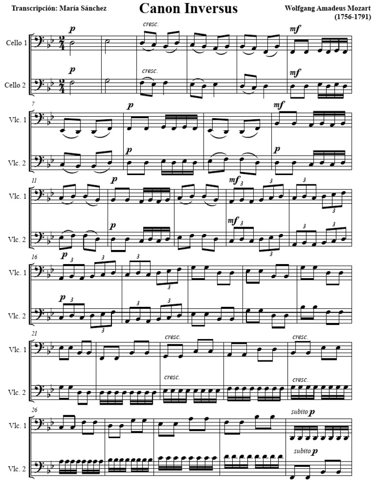 Mozart - Canon Inversus (Cellos) | PDF