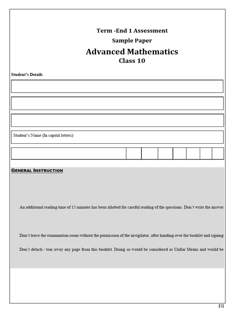 Class 10 Advanced Maths Sample Paper | PDF | Quadratic Equation ...