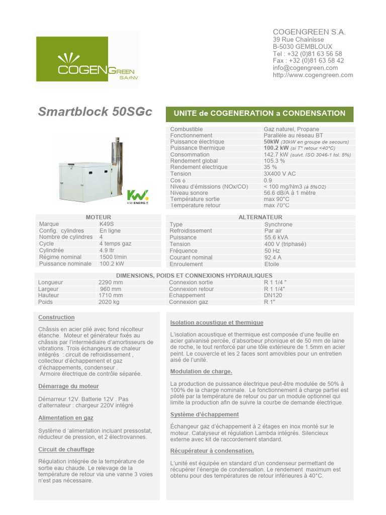 Unité de cogénération Smartblock 50SGc | PDF | Énergie électrique ...