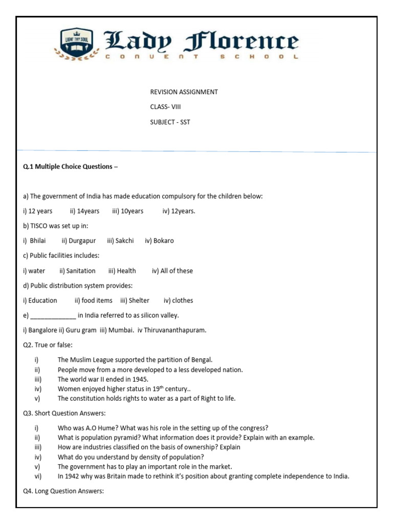 Class VIII SST Revision Assignment | PDF