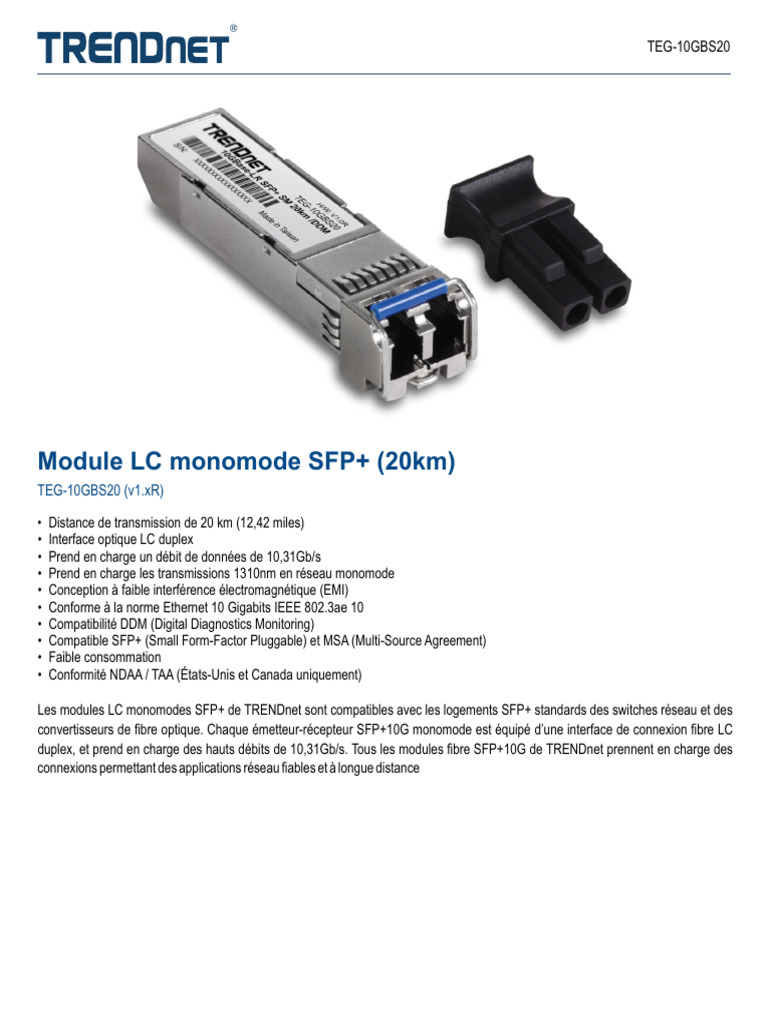 Module SFP+ Monomode 10G 20km | PDF | Fibre optique | Réseau informatique