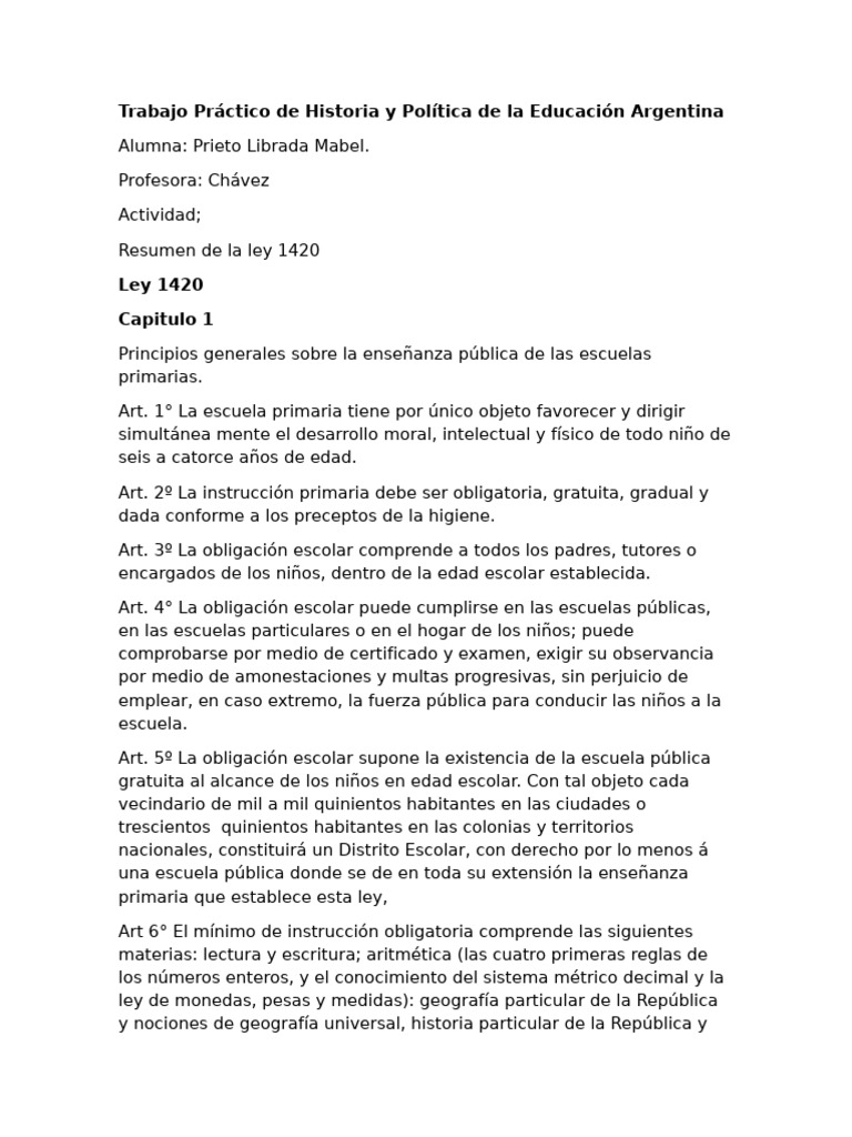 Resumen de la Ley 1420 de Educación | PDF | Educación primaria | Escuelas