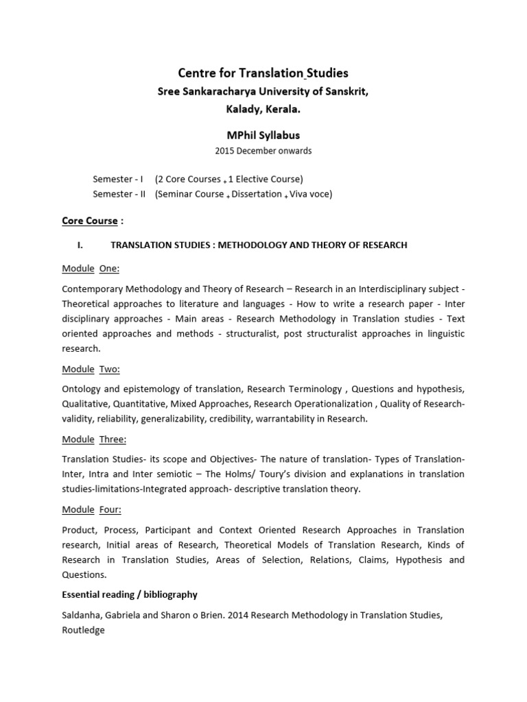 Centre for Translation Studies MPhil Syllabus (1) | PDF | Translations ...
