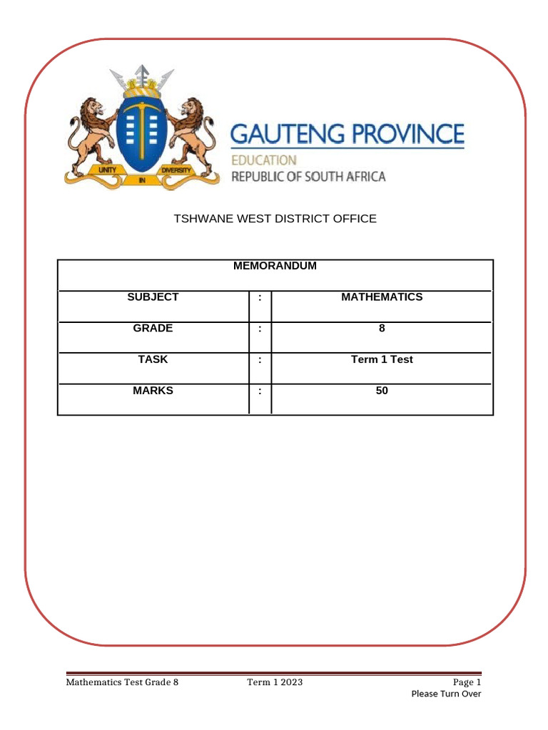 Grade 8 Mathematics Term 1 Test 2023 | PDF | Arithmetic | Mathematics