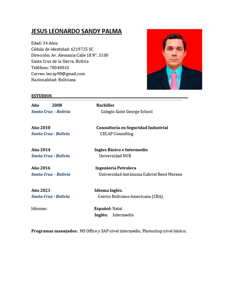 Jesus Leonardo Sandy Palma CV 2025 | PDF | Bolivia | Business