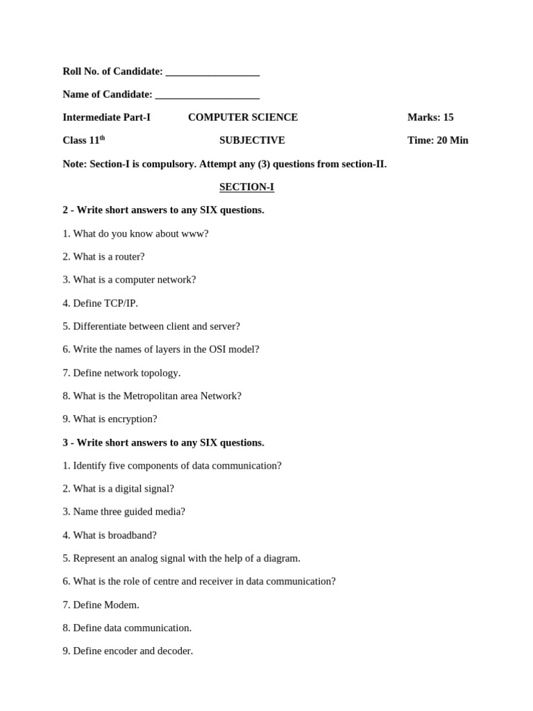 Class 11 Computer Science Subjective Exam | PDF