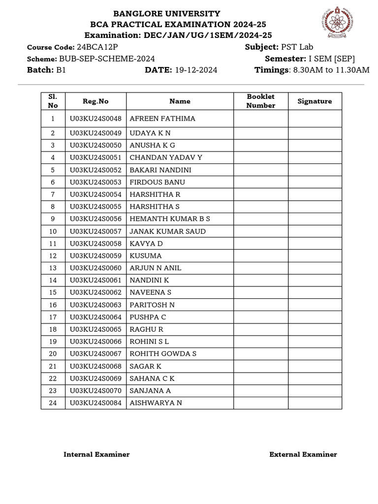 BCA PST Lab Exam Schedule 2024-25 | PDF