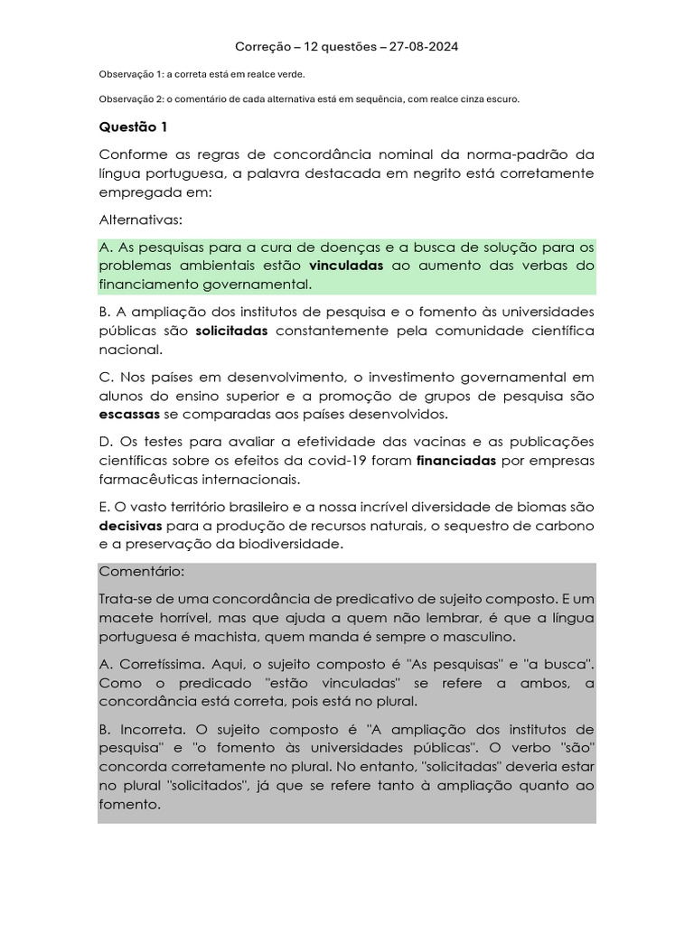 Correção de Questões de Português: Concordância e Pontuação | PDF ...