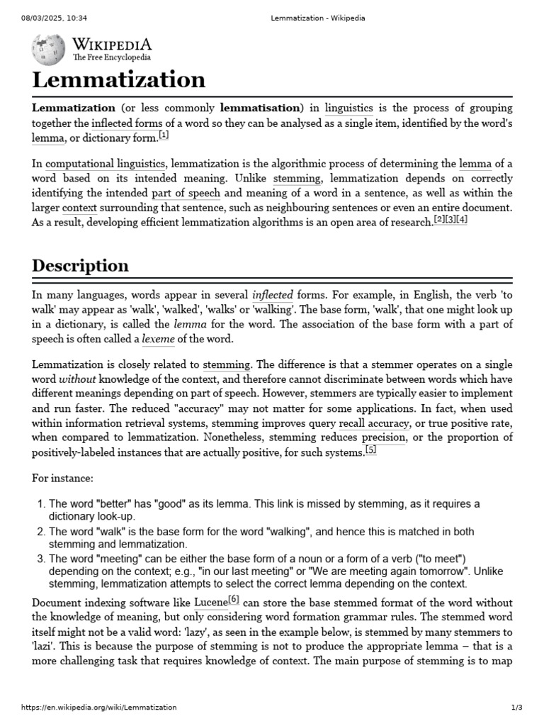 Lemmatization - Wikipedia | PDF | Linguistics | Linguistic Morphology
