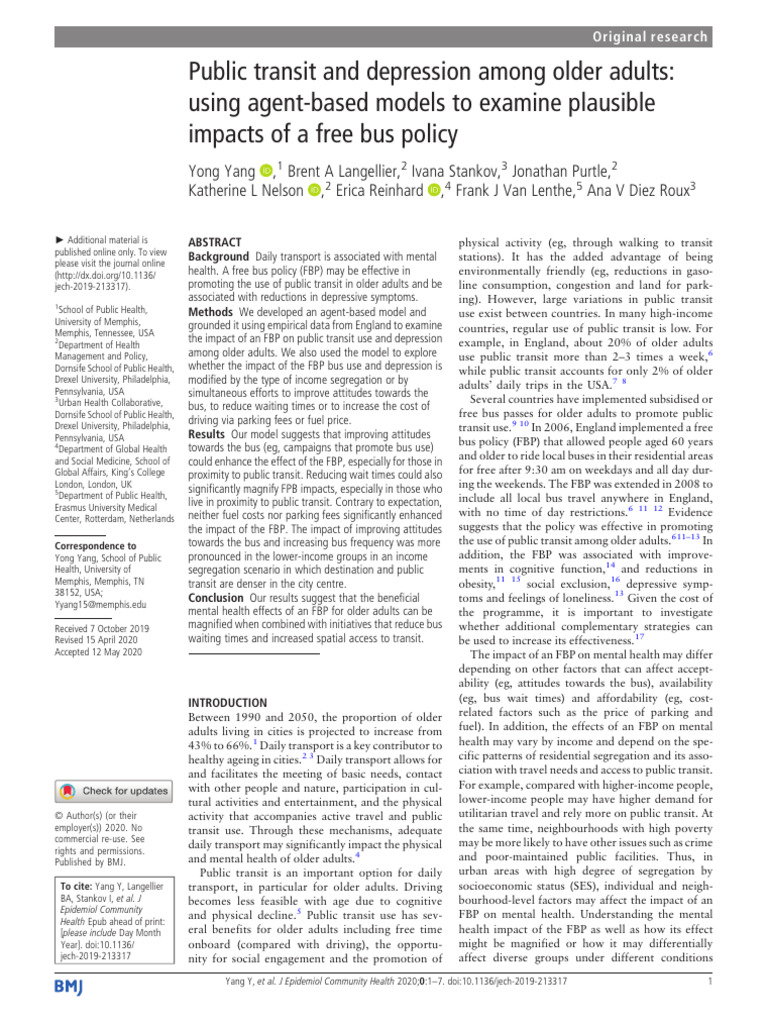 Public Transit and Depression Among Older Adults | PDF | Socioeconomic ...