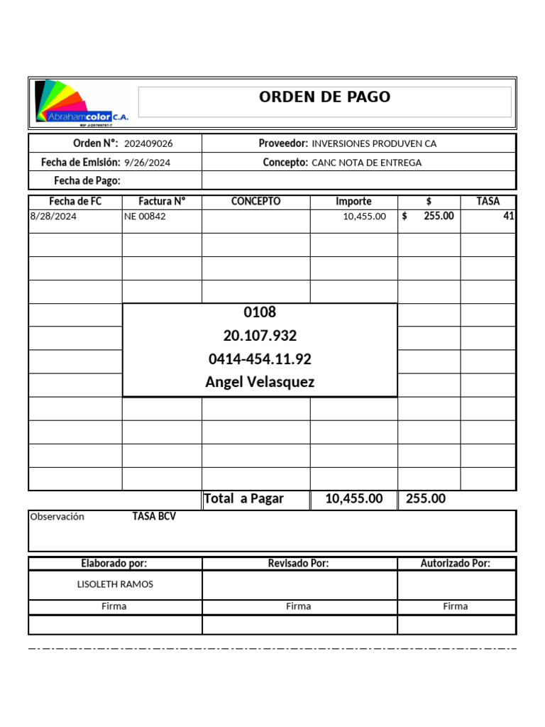 Ejemplo de Orden de Pago Detallada | PDF | Factura | Finanzas ...