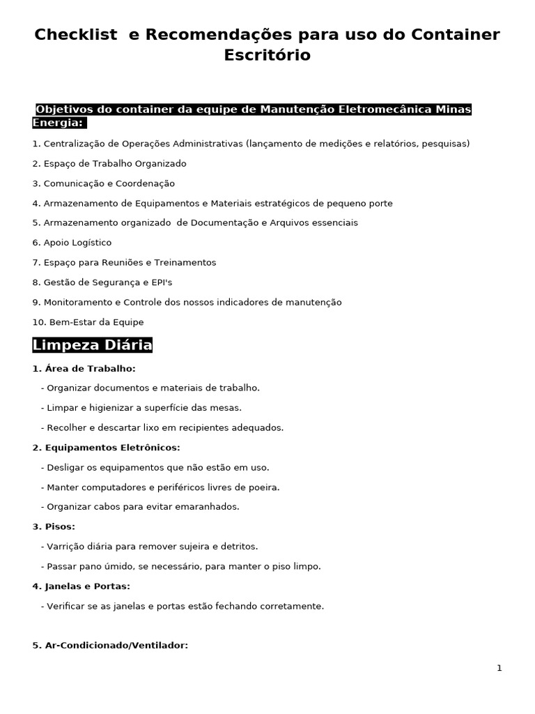 Checklist de Limpeza e Organização do Container | PDF | Desperdício