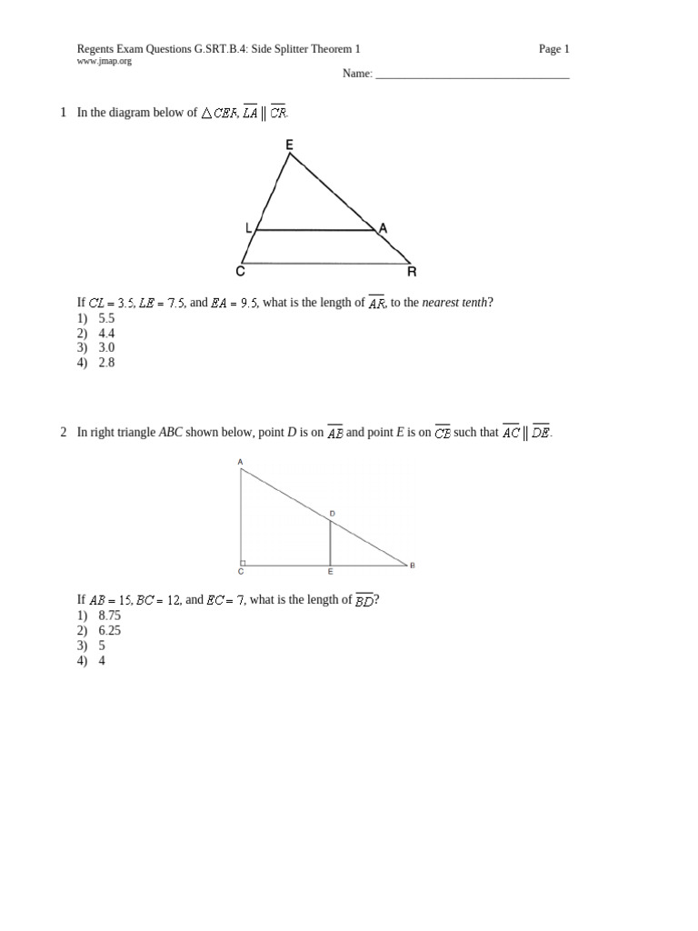 Side Splitter Theorem Exam Questions | PDF | Triangle Geometry ...