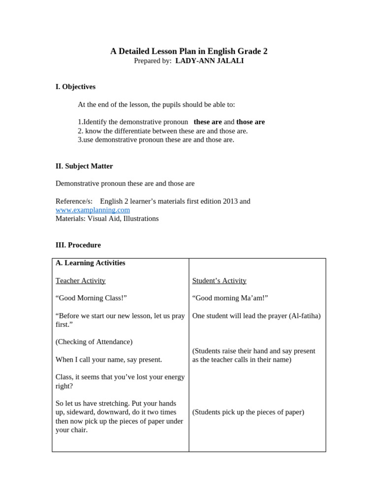 Grade 2 Lesson Plan: Demonstrative Pronouns | PDF | Lesson Plan | Syntax