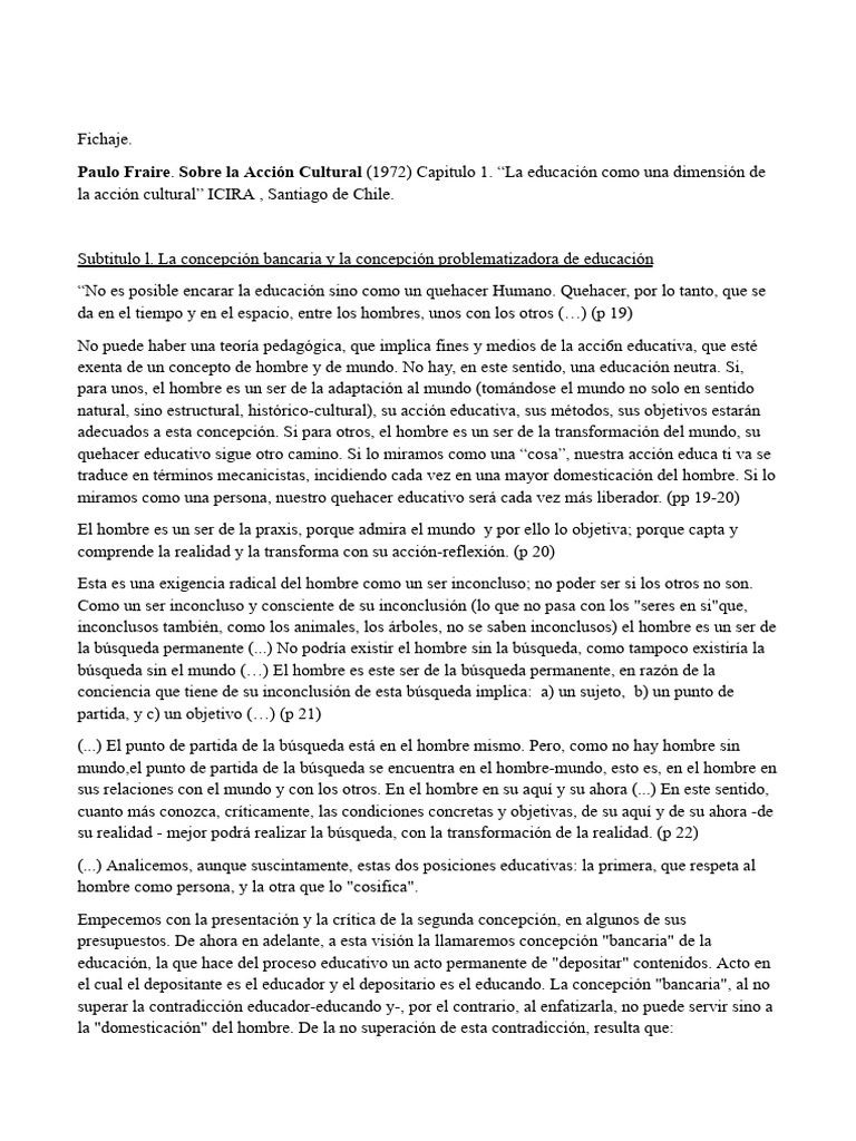 Paulo Fraire. Sobre La Acción Cultural (1972) | PDF | Literatura | Realidad