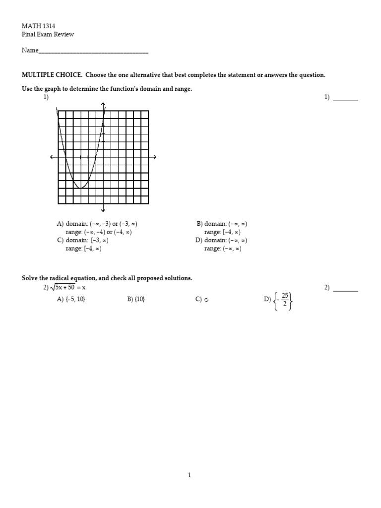 Math 1314 Final Exam Review Guide | PDF | Function (Mathematics) | Zero ...