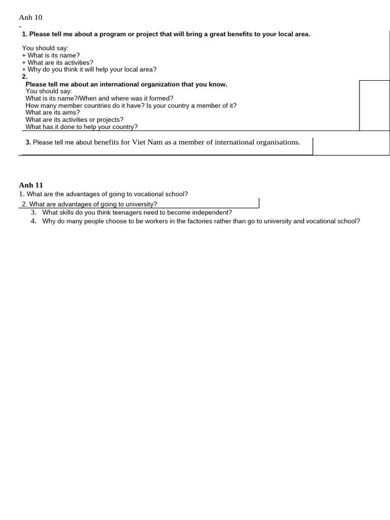 Anh 10 - 11 Speaking Test GK2 | PDF