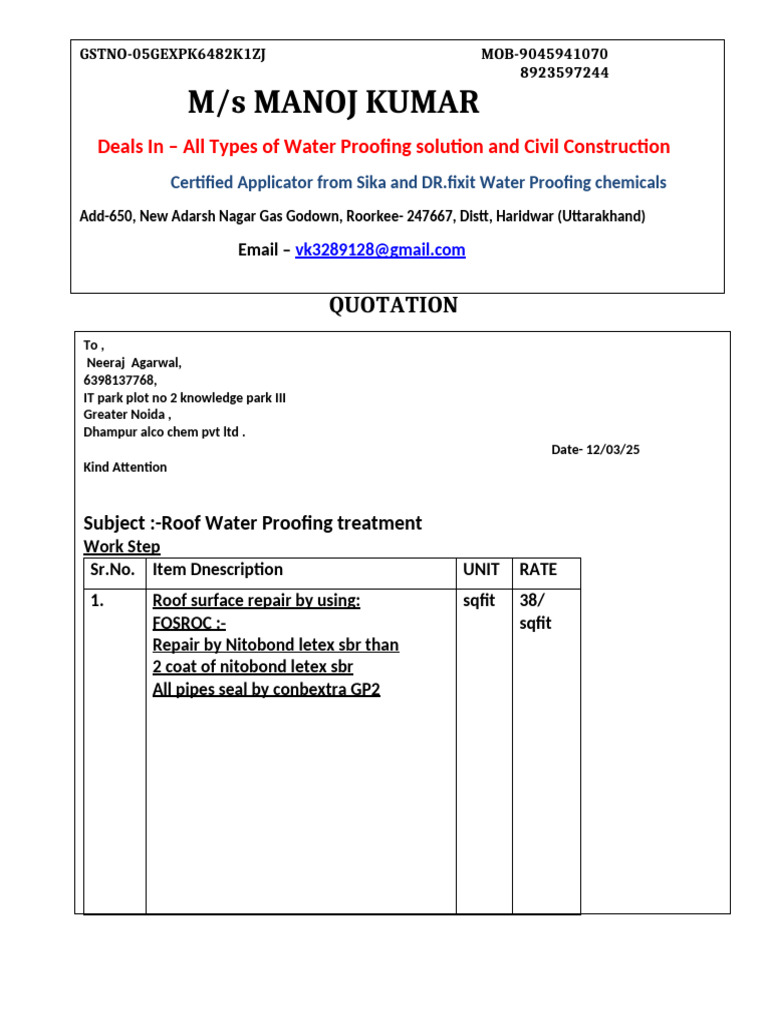 Roof Waterproofing Solutions Proposal | PDF
