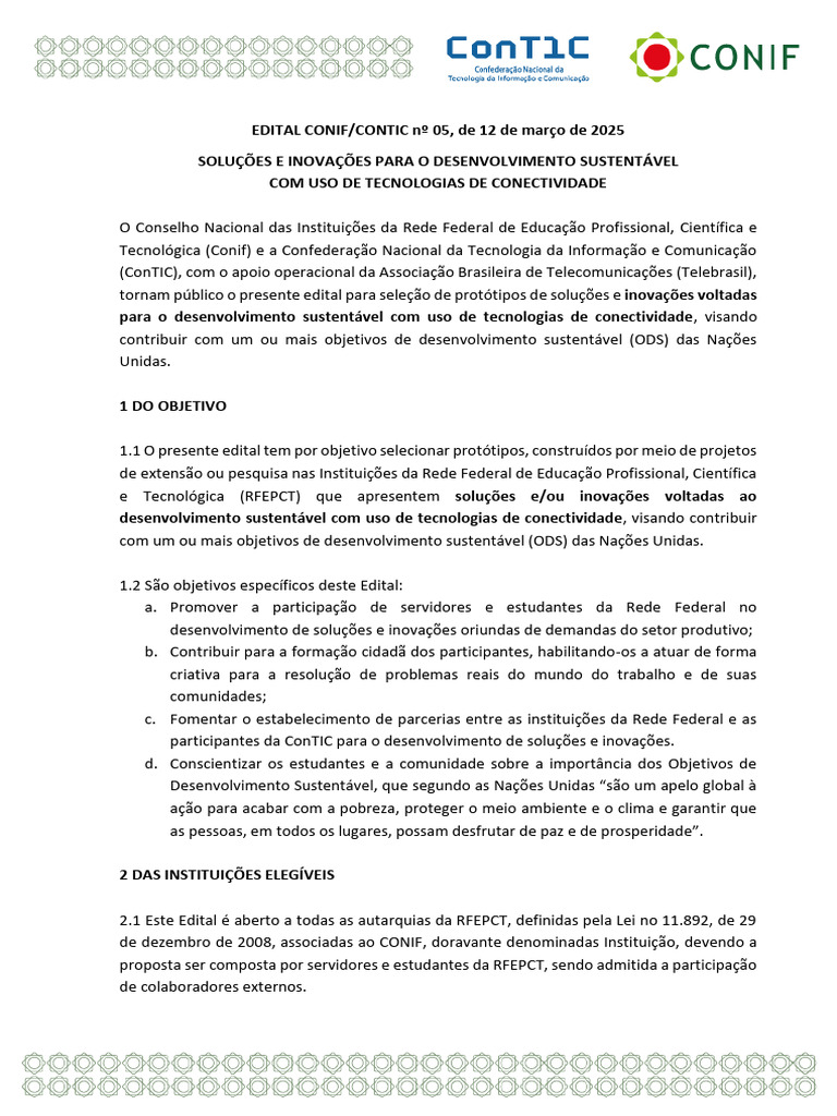 Edital CONIF/CONTIC: Inovações Sustentáveis | PDF | Sustentabilidade ...