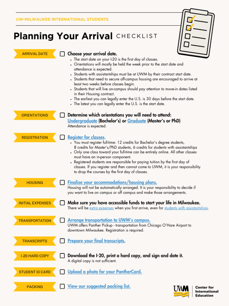 UWM International Student Arrival Checklist | PDF | Doctor Of ...