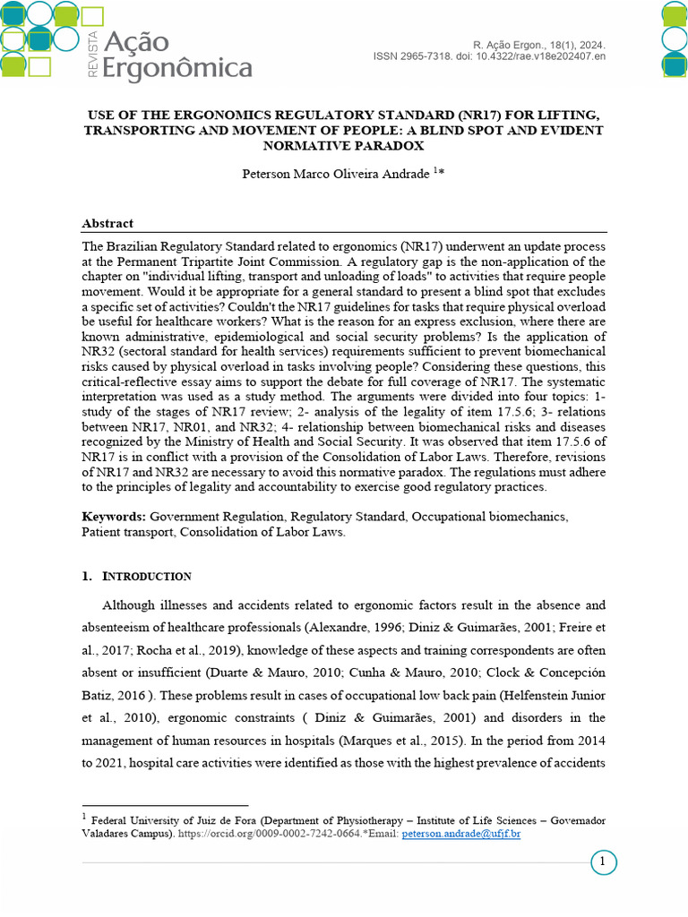 Use of The Ergonomics Regulatory Standard (NR17) For Lifting ...