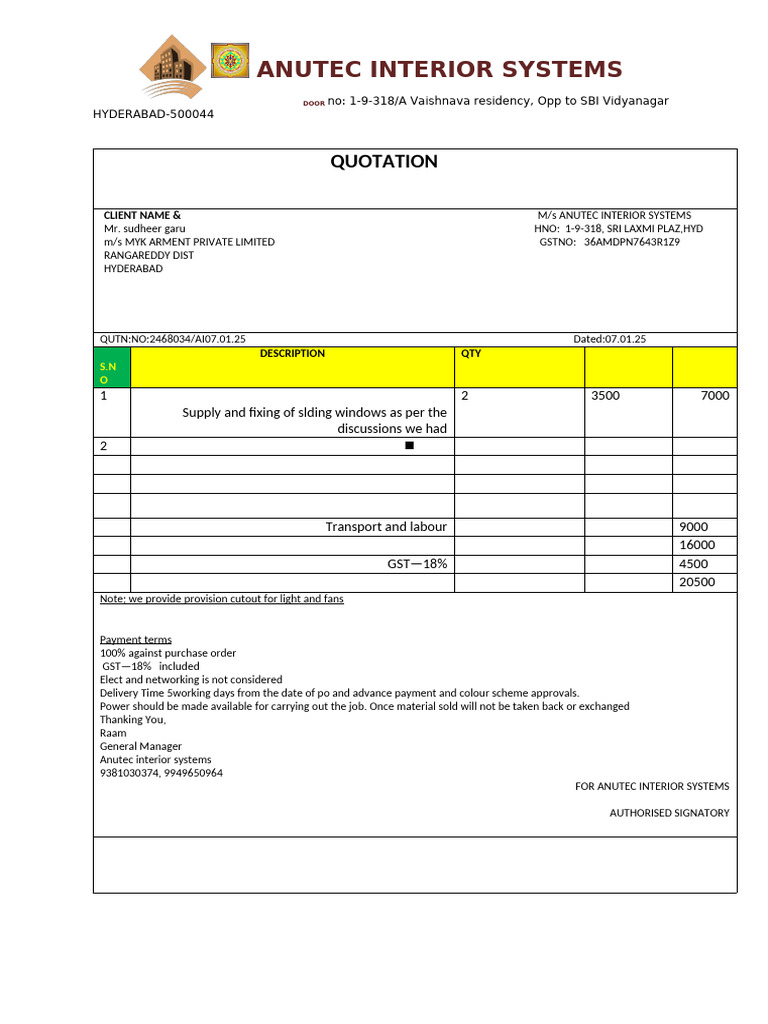 Window Quotation for Anutec Systems | PDF