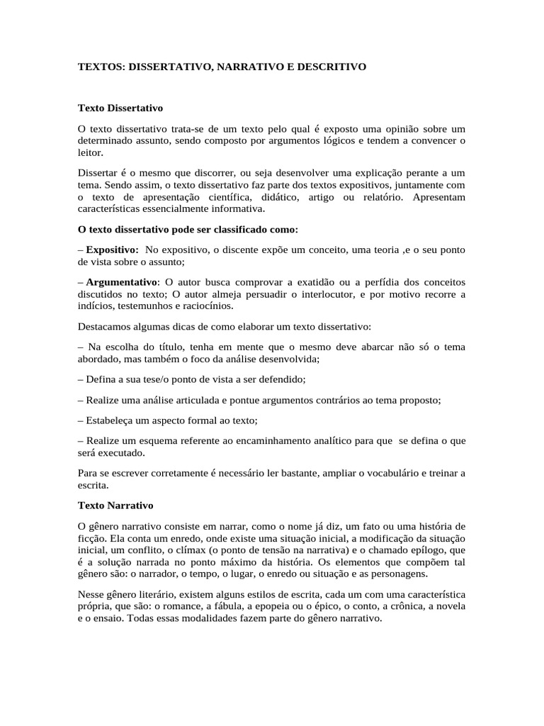 Tipos de Textos: Dissertativo, Narrativo e Descritivo | PDF | Contos ...