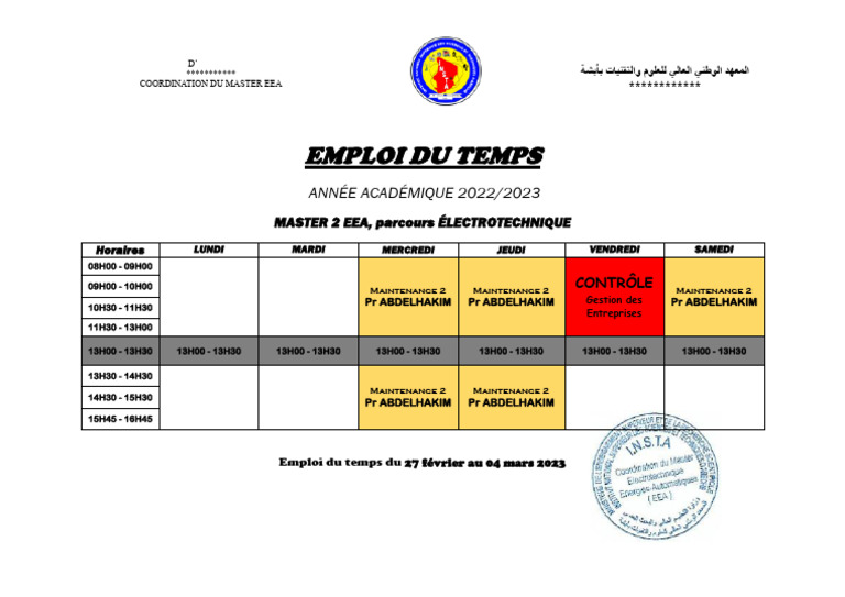 Emploi du temps Master 2 EEA 2023 | PDF