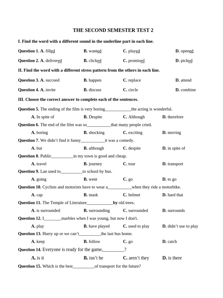 Second Semester Test Overview | PDF