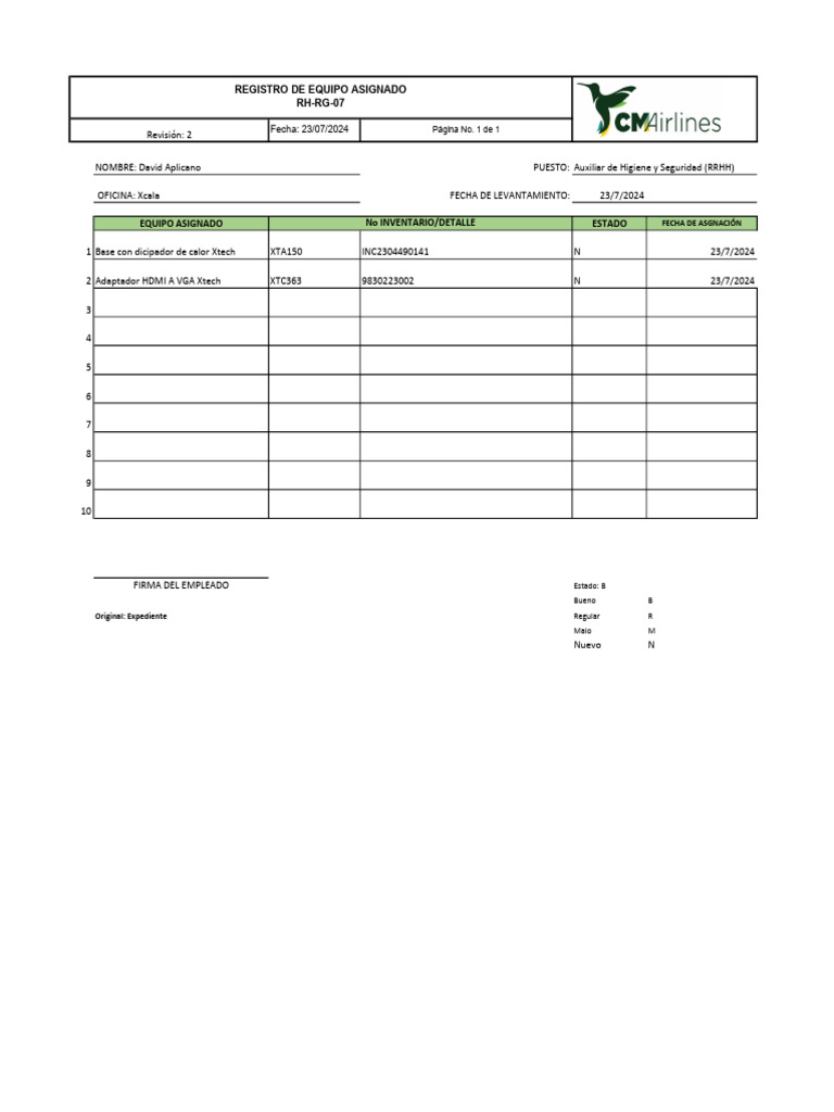 RH-RG-06 Registro de Equipo Asignado | PDF