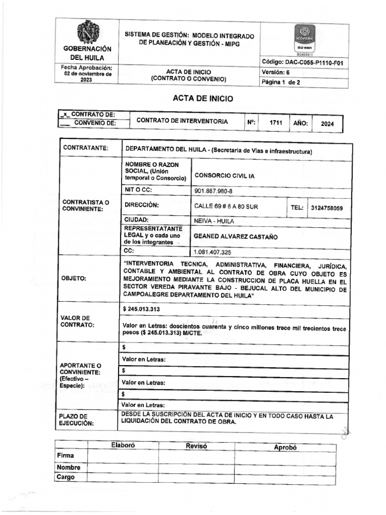 Acta de Inicio Cto. 1711 de 2024 | PDF