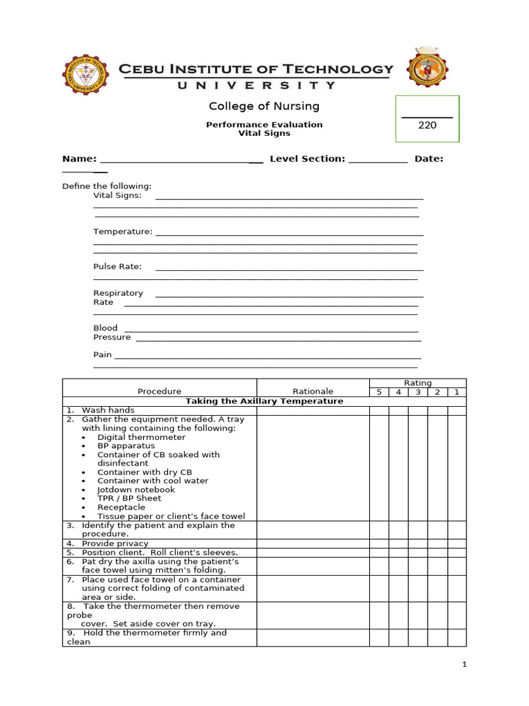 Vital Signs Performance Evaluation Guide | PDF | Pulse | Clinical Medicine