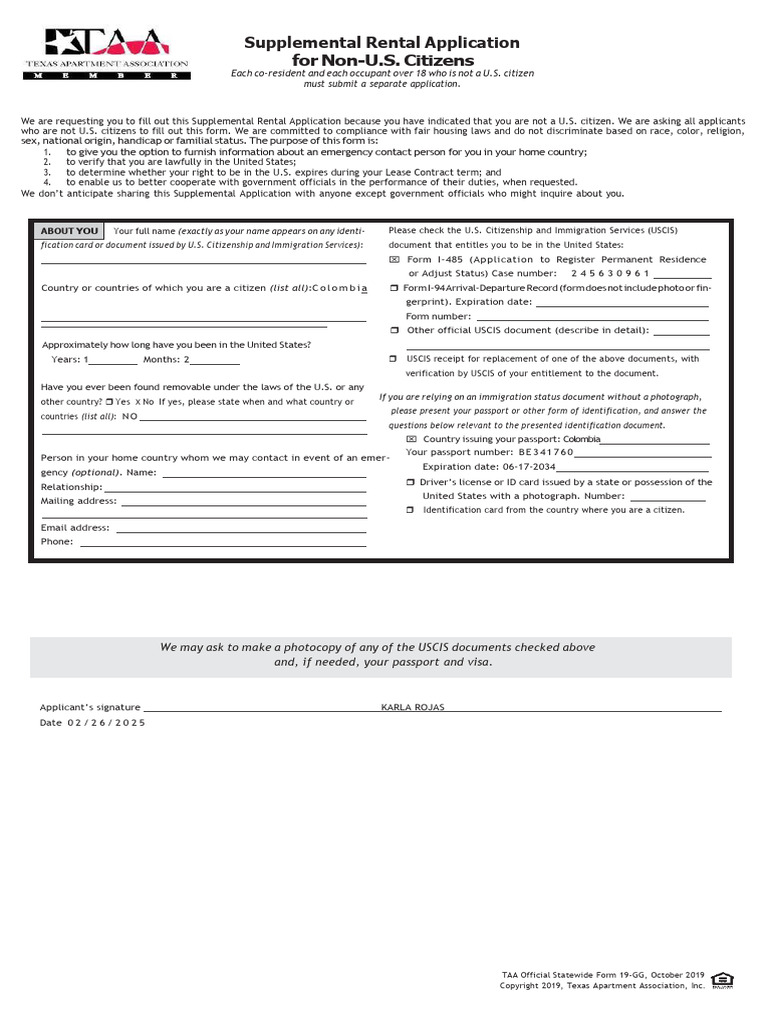 Supplemental Rental Application for Non-Citizens | PDF | Identity ...